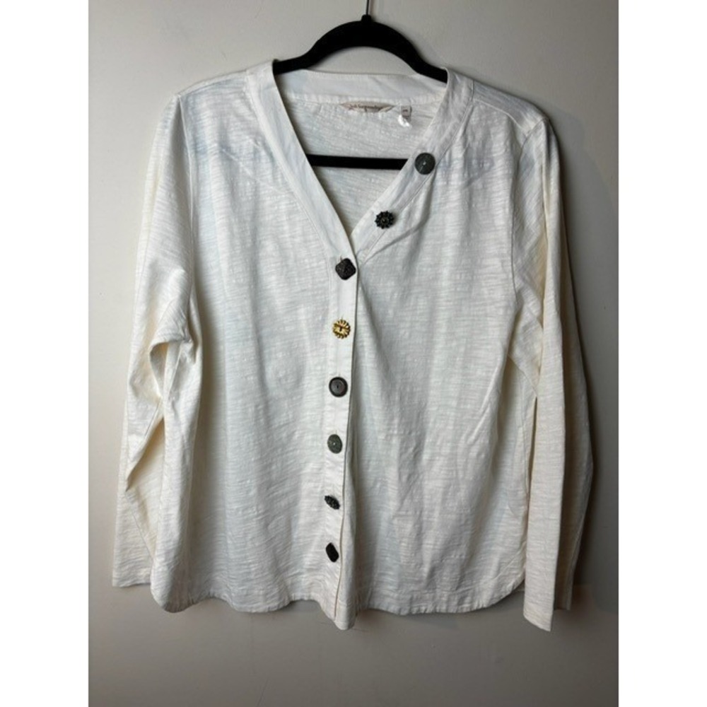 Soft Surroundings PXL White Textured Button Front Long‎ Sleeve Top Shirt Casual